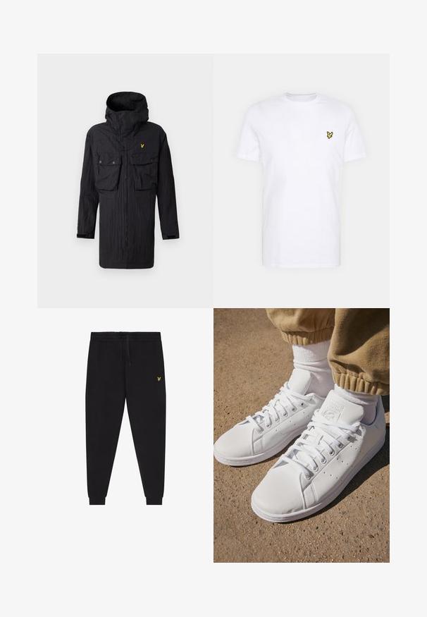 Fekete kapucnis parka, elülső cipzárral, két gombos mellső zsebbel és egy kis sárga sas logóval a bal mellen.; Fehér pamut póló, bal mellen egy apró fekete és sárga hímzett logóval. Rövid ujjú és kerek kivágású.; Fekete melegítőnadrág rugalmas derékpánttal és húzózsinórral, szűkített szárak mandzsettákkal, valamint kis sárga hímzett logóval a jobb combon.; Fehér bőr sportcipők sima felülettel, klasszikus fűzős kialakítással, perforációkkal a légáteresztés érdekében és texturált gumitalppal.