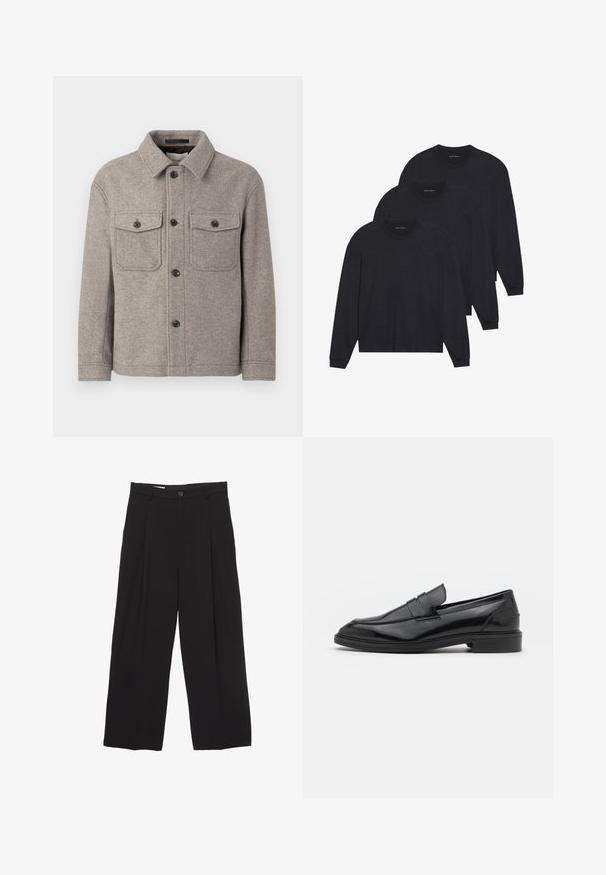 Siva jakna od vune s umetkom, oštro ovratnik, dva džepa na prsima, prednje dugme za zatvaranje i duge rukave. Teksturirana površina i klasičan dizajn.; Tri crne majice dugih rukava, izrađene od mekog materijala, s okruglim izrezima i prilagođenim manžetama. Minimalistički dizajn bez vidljivih uzoraka.; Crne široke hlače od glatkog materijala, s ravnim pojasom, prednjim nabranim detaljima i zatvaranjem na jedan gumb.; Crne kožne mokasine s glatkom površinom, s okruglim vrhom i uskim pojasom preko gornjeg dijela. Nizak slojeviti potplat.