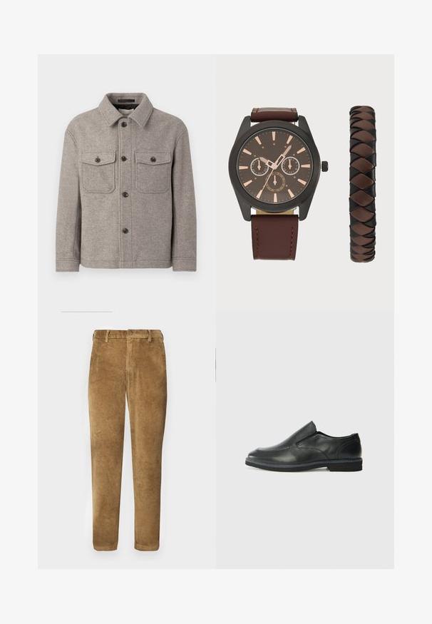 Šedý vlněný kabát se špičatým límcem, dvěma náprsními kapsami, předním zapínáním na knoflíky a dlouhými rukávy. Texturovaný povrch a klasický design.; Dvě černé polokošile s krátkým rukávem z bavlny, s klasickým límcem, dvouknoflíkovou légou a bílými pruhovanými akcenty uvnitř límce.; Hnědé kordové kalhoty s vertikálním žebrovaným vzorem, rovný střih, zapínání na knoflíky a poutka na opasek. Hladká látka s jemným povrchem.; Černá kožená nazouvací bota s hladkým svrškem, prošívanými detaily, zaoblenou špičkou a nízkým gumovým podpatkem. Podešev má minimální vzorek.; Pier One SET - Hodinky - black/brown