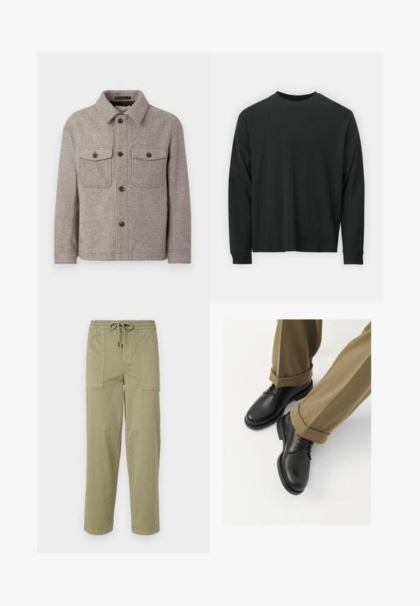 Jachetă din amestec de lână gri, cu guler ascuțit, două buzunare pe piept, închidere frontală cu nasturi și mâneci lungi. Suprafață texturată și design clasic.; Tricou negru cu mânecă lungă, realizat din bumbac, cu guler rotund, croială lejeră și manșete ribbate. Textură netedă, fără modele vizibile.; Pantaloni de culoare verde măslin deschis, confecționați dintr-un amestec de bumbac, cu un tiv elastic și șnur, și două buzunare laterale mari.; Pantofi negri din piele cu un finisaj neted, dotati cu sireturi si varf rotunjit, asortați cu pantaloni kaki rulați.