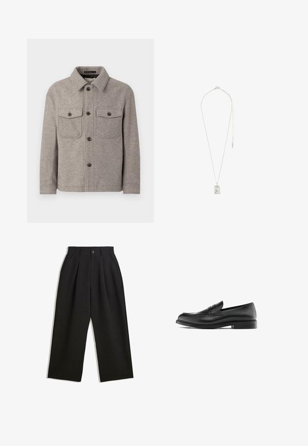 Grijze wolmix jas met een puntige kraag, twee borstzakken, een knoopsluiting aan de voorkant en lange mouwen. Textuur op het oppervlak en een klassiek ontwerp.; Zwart lange mouwen henley shirt van zachte stof, met een knoopsluiting, ronde halslijn en aansluitende mouwen.; Zwarte broeken met een relaxte pasvorm, voorzien van plooien aan de voorzijde, zijzakken en een knoopsluiting. Gemaakt van textiel met structuur.; Zwarte leren penny loafer met lage hak, ronde neus en gestikte details langs de bovenkant, weergegeven in zijprofiel op een witte achtergrond.; Zilveren ketting met een rechthoekige hanger met ingewikkeld ontwerp, een fijne ketting en een verstelbare sluiting voor lengteaanpassing.