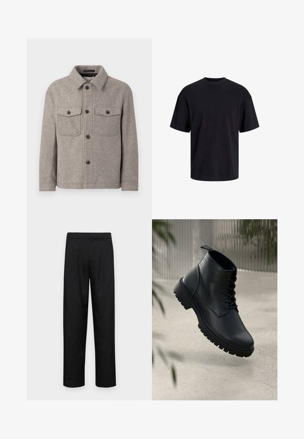 Halli hallide villasegu jakk, millel on terav krae, kaks rinnataskut, esi nuppe kinnitamine ja pikad varrukad. Tekstuuriga pind ja klassikaline disain.; Must must on mustre, lühikeste varrukatega ja vabalt langev. Sile tekstuur ja ilma nähtavate mustrite või aktsentideta.; Mustad mustadest riietest, millel on sirge jalgade disain, kaks eesmist voltimist ja tavaline vöökoht, millel on vöökohad.; Mustad mustad nahast ankle saapad, ümmarguse nina, nööbidest sulgemise ja robustse kummitald. Sile tekstuur ja tõmbetab tagaküljel.