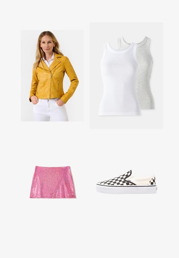 Gul lædermotorcykeljakke med en tætsiddende pasform, lynlåslukning og sølvfarvede hardwaredetaljer, parret med hvide bukser.; To slettekote bluser: en hvid med ribbet tekstur og en lysegrå med et subtilt melange-mønster. Begge har runde halsudskæringer.; Lyserød, glitrende mininederdel med en glat tekstur, lige snit og en diskret flair ved kanten. Glitrende elementer reflekterer lyset og fremhæver den livlige farve.; Sort-hvide ternede slip-on Vans sko med overdel i lærred, gummisål og polstret krave. Flad, rund tå med hvide sål accenter.