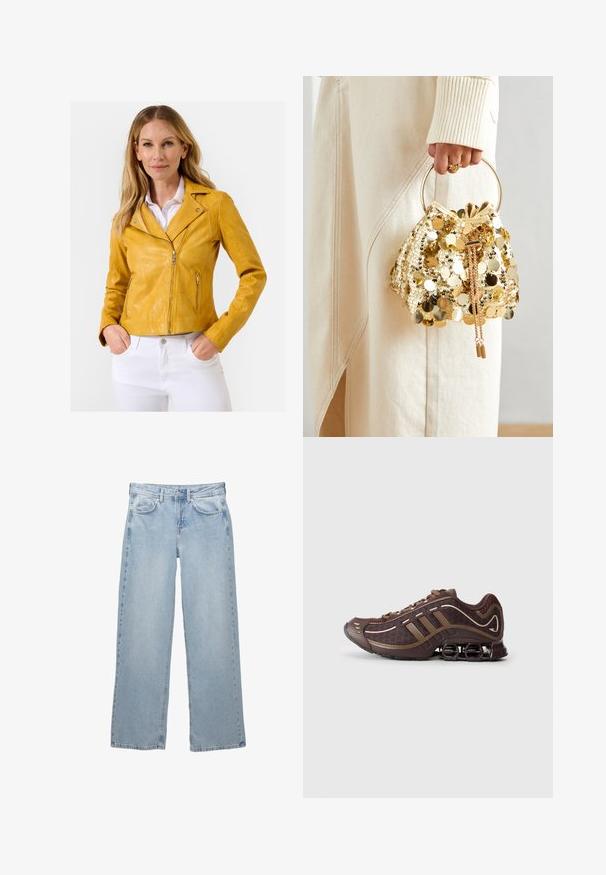 Gele leren motorjack met een slim fit ontwerp, ritssluiting en accenten van zilver, gecombineerd met witte broek.; Zwarte longsleeve top van zacht materiaal, met een gedrapeerd ontwerp en een kruislings front en een boot halslijn. Soepele textuur, cropped lengte.; Lichtblauwe denim jeans met een wijdere pijpdesign, voorzien van een knoop- en ritsluiting, vijf zakken en minimale stikseldetails.; Bruin sportschoen met bovenkant van mesh en synthetisch materiaal, voorzien van drie strepen, gedetailleerde stiksels, tochtige zool en kenmerkende veerkrachtige hak.; Gouden pailletten trekkoord handtas met een ronde handgreep, versierd met glanzende ronde pailletten en een gemêleerde stof. Afmetingen zijn niet opgegeven.