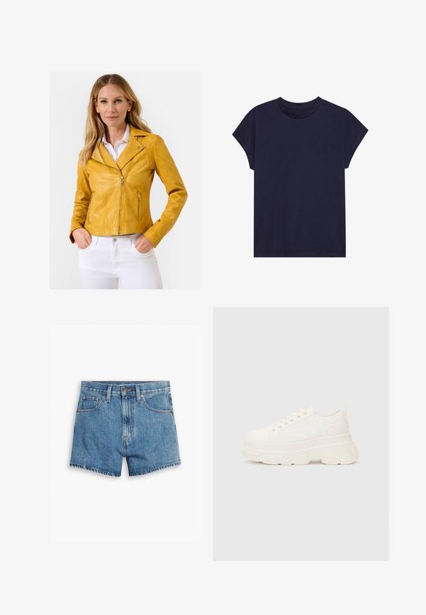 Gul lædermotorcykeljakke med en tætsiddende pasform, lynlåslukning og sølvfarvede hardwaredetaljer, parret med hvide bukser.; Mørkeblå bomulds t-shirt med rund halsudskæring og korte ærmer, i et afslappet snit og med en glat tekstur. Uden mønstre eller accenter.; Denim shorts i lyseblå, med fem lommer, lynlås og knappelukning. Kanten er tattered med et afslappet fit design.; Hvide lærreds sneakers med en kraftig sål, rund tå og fem snørehuller. Bagstrop for nem påtagning. Glat tekstur, minimalistisk design.