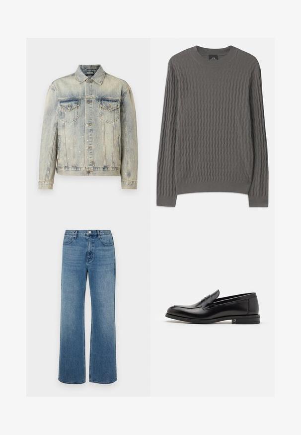 Light blue denim jacket featuring silver cross embellishments, two chest pockets, button closure, and a classic collar design.; Armani Exchange Jumper - dark gull zig zag; Wide-leg blue jeans made of denim with a faded finish. Features five pockets, a front button closure, and a straight cut.; Black leather loafers with a smooth texture, rounded toe, and a decorative strap across the vamp. Low stacked heel, minimalist design.