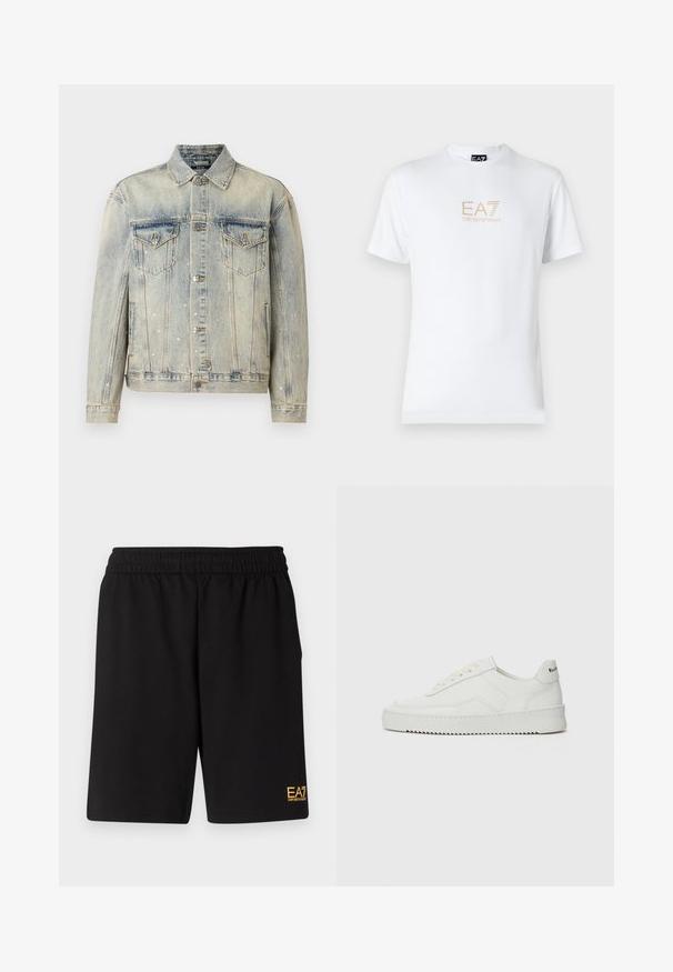 Vaaleansininen farkkutakki, jossa on hopeiset ristikoristeet, kaksi rintataskua, napitus ja klassinen kaulustyyli.; Valkoinen puuvillapaita, jossa on pyöreä kaula-aukko ja lyhyet hihansuut. Paidassa on etupuolella kultainen EA7 Emporio Armani -logo.; Mustat urheilushortsit, jotka on valmistettu pehmeästä kankaasta. Kengissä on joustava vyötärönauha ja pieni keltainen EA7-logo vasemmassa alakulmassa.; Valkoinen nahkakenkä, jossa on sileä pinta, pyöreä kärki, tasaiset nauhat ja teksturoitu pohja. Sisältää huomaamattoman logon kantapäässä.