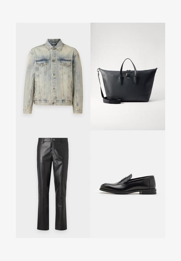 Light blue denim jacket featuring silver cross embellishments, two chest pockets, button closure, and a classic collar design.; White long-sleeve thermal top with a ribbed texture, crew neck, and banded cuffs. Clean design with no patterns or additional accents.; Black leather pants with a smooth texture, straight-leg design, and subtle stitching along the seams. Features a button closure at the waist.; Black leather loafers with a smooth texture, rounded toe, and a decorative strap across the vamp. Low stacked heel, minimalist design.; Lancel CHARLIE UNISEX - Briefcase - black