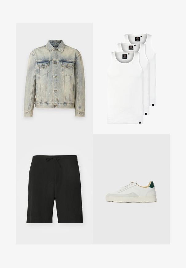 Ljusblå denimjacka med silverfärgade korsdetaljer, två bröstfickor, knäppning och en klassisk kragdesign.; Tre vita ribbade linnen i bomull. Har rund halsringning och små svarta etiketter vid fållen. Finns i flera storlekar.; Svarta linne-shorts med dragsko i midjan, med en avkopplad passform och knälång design. Mjuk textur, enkel och klassisk stil.; Vit sneaker med mockadetaljer, rund tå, platta snören och en krämfärgad gummisula. Har grön branding på hälen.
