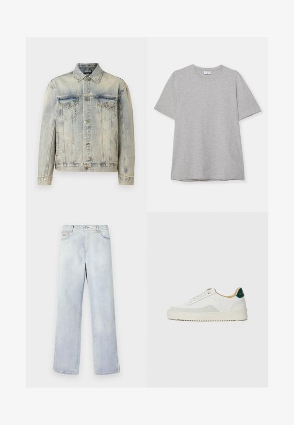 Gaiši zils džinsa žakets ar sudraba krusta dekoratīviem elementiem, divām krūšu kabatām, pogu aizdari un klasisku apkakles dizainu.; Pelēks īsā piedurkņu T-krekls, kas izgatavots no mīkstas, teksturētas auduma. Tam ir klasiskā apļa kakla izgriezums un taisna apakšmalā, piemērots ikdienas valkāšanai.; Gai zila džinsu bikses ar taisnu kāju dizainu, ar pogu aizdari, piecām kabatām un kontrastējošiem diegiem.; Baltas sneakers ar zamša akcentiem, noapaļota purngala, plakaniem auklām un krēmkrāsas gumijas zoli. Ar zaļu zīmolu uz papēža.
