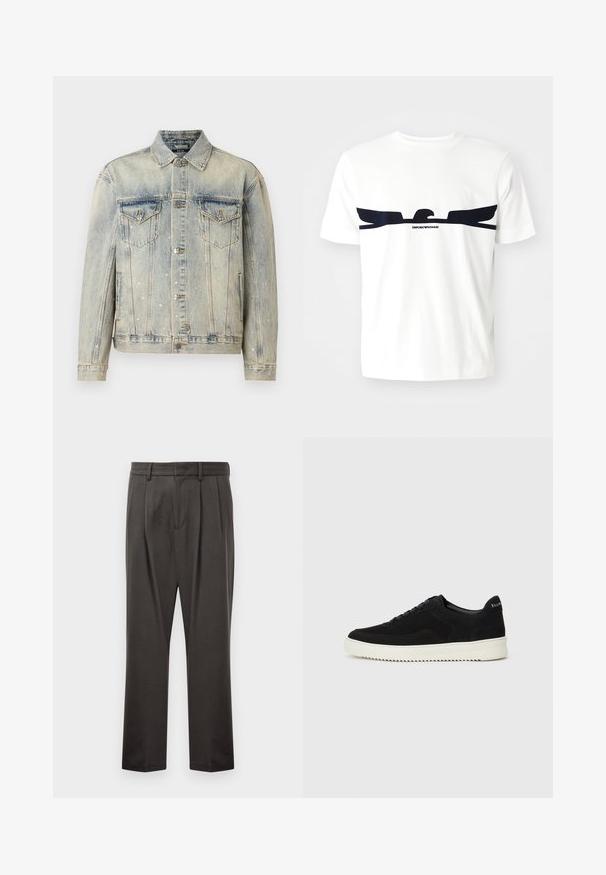 Vaaleansininen farkkutakki, jossa on hopeiset ristikoristeet, kaksi rintataskua, napitus ja klassinen kaulustyyli.; Valkoinen puuvillapaita, jossa on tummansinisellä eagle-graffitilla varustettu kuvio ja "EMPORIO ARMANI" -teksti kuvion alla. Lyhyet hihat ja pyöreä kaula-aukko.; Tummanharmaat housut, jotka on valmistettu teksturoidusta kankaasta. Housuissa on litteä etuosa, laskokset, suorat lahkeet ja vyölenkit. Ei näkyviä metalliosia tai kuvioita.; Mustat mokkakengät nauhoilla ja kontrastivalkoisella kumipohjalla. Varustettu teksturoiduilla sivupaneeleilla ja huomaamattomalla brändäyksellä kantapäässä.