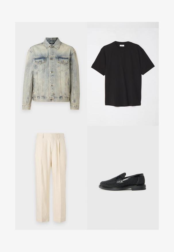 Világoskék farmerdzseki ezüst kereszt díszítéssel, két mellzsebbel, gombos záródással és klasszikus gallér kialakítással.; Fekete pamut póló kerek nyakkal, rövid ujjakkal és laza szabással. Egyszerű dizájn, sima textúra, látható minták vagy logók nélkül.; NN.07 KAY - Nadrágok - off white; Fekete szőtt slip-on cipő sima bőr díszítéssel a felsőrészen, kerek orral és alacsony profilos gumitalppal.