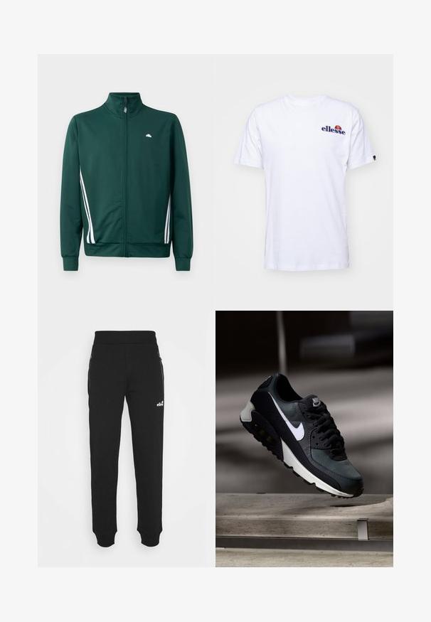 Green zip-up track jacket with high collar, white side stripes, and logo on the chest. Smooth fabric with lightweight, sporty design.; White cotton t-shirt with short sleeves, featuring a navy blue embroidered logo on the left chest and a vibrant color accent above the logo.; Black sweatpants made of soft fabric feature a tapered leg design, elastic waistband, side pockets with zippers, and a small logo accent.; Black and green sneaker with a patterned mesh upper, white swoosh logo, padded collar, and a visible air cushioning unit in the sole.