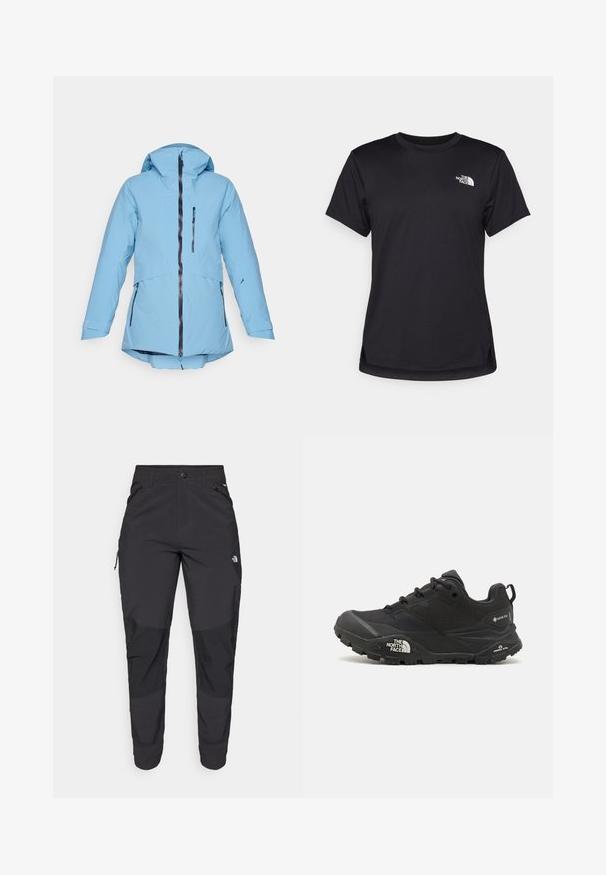 Light blue waterproof jacket with a hood, full front zipper, and two side pockets. Features long sleeves and a slightly curved hem.; The North Face FLEX SHORT SLEEVES TEE - Sports T-shirt - black; Black outdoor pants made of durable fabric. Feature zippered pockets, reinforced knee panels, and a straight cut design for mobility.; Black hiking shoe with a textured upper, lace closure, and a chunky rubber sole featuring a prominent logo on the side and tread patterns.