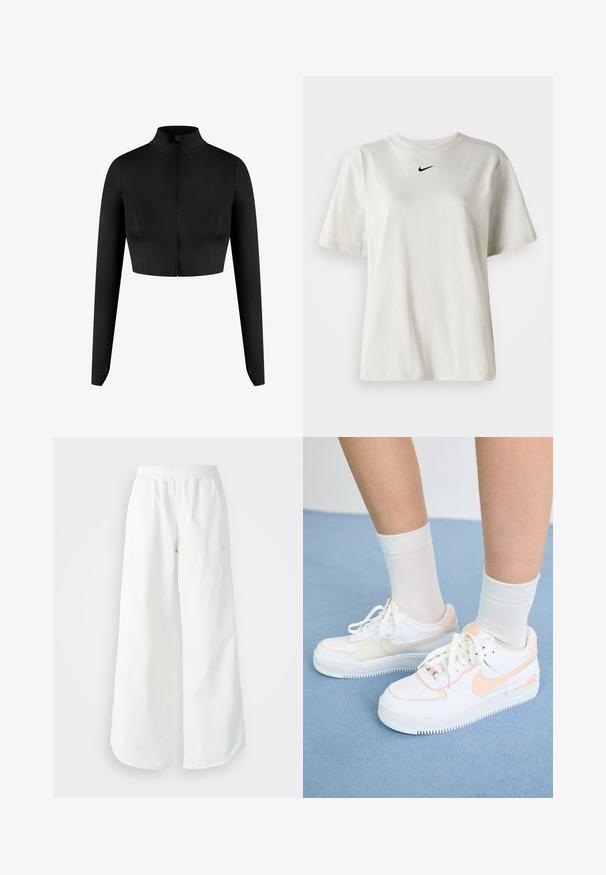 Veste noire crop zippée avec manches longues, fabriquée en tissu lisse. Elle présente un col montant et un design minimaliste sans motifs.; T-shirt en coton blanc avec un col rond et des manches courtes. Présente un petit logo Nike noir sur la poitrine. Design simple et épuré.; Pantalons de sport larges blancs avec une taille côtelée et un discret logo. Tissu lisse avec une coupe décontractée et un bas effilé.; Baskets blanches avec des accents pêche, tige en cuir lisse, bout perforé, semelle texturée et lacets. Portées avec des chaussettes blanches à mi-mollet sur une surface bleue.