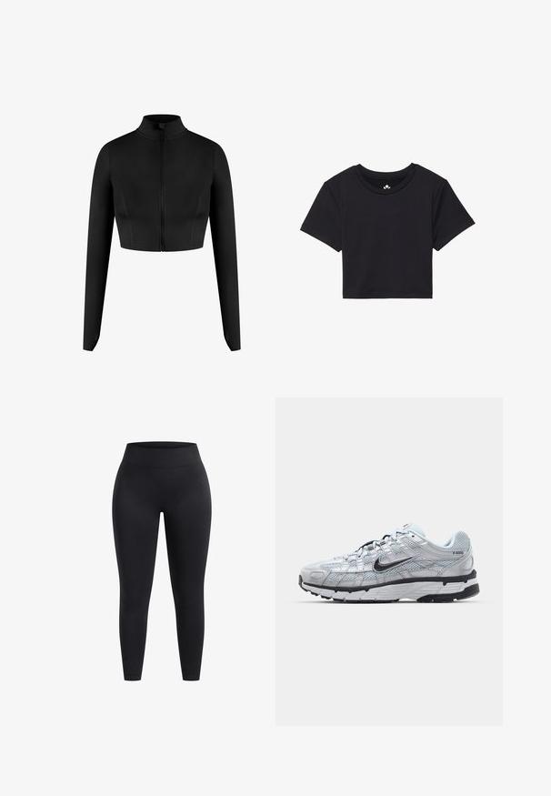 Sort cropped zip-up jakke med lange ærmer, lavet af glat stof. Har en høj krave og et minimalistisk design uden mønstre.; Sort cropped t-shirt med korte ærmer, rund halsudskæring, lavet af glat stof. Minimalistisk design uden synlige mønstre eller accenter.; Højhojede sorte leggings lavet af strækbart stof, med en glat overflade og fodlængde pasform. Ingen mønstre eller synlige hardware detaljer.; Nike P-6000 sneakers med en lys grå mesh overdel, sorte accenter og en holdbar sort gummisål. Har et detaljeret design og snøresystem.