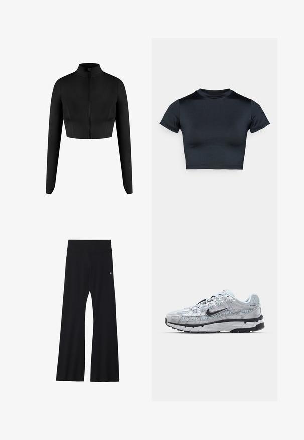 Czarna krótka kurtka zapinana na zamek z długimi rękawami, wykonana z gładkiego materiału. Posiada wysoki kołnierz oraz minimalistyczny design bez wzorów.; Krótki top z krótkim rękawem w ciemnym granacie, wykonany z gładkiej, elastycznej tkaniny. Posiada okrągły dekolt i minimalne przeszycia. Brak widocznych logo.; Czarne rozszerzane spodnie wykonane z elastycznego materiału, z szerokim pasem i małym logo na biodrze. Gładka faktura i pełna długość.; Nike P-6000 sneakers z jasnoszarym siateczkowym wierzchem, czarnymi akcentami i trwałą czarną gumową podeszwą. Charakteryzują się skomplikowanym wzornictwem i systemem sznurowania.