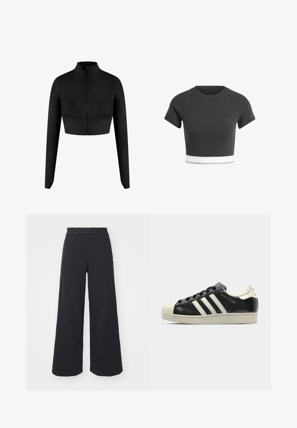 Zwarte korte zip-up jas met lange mouwen, gemaakt van een gladde stof. Heeft een hoge kraag en een minimalistisch ontwerp zonder patronen.; adidas Originals TAPE WAISTBAND - T-shirt basic - black; Zwarte wijde sweatpants gemaakt van zachte stof, met een elastische tailleband en een klein logo aan de linkerkant.; Zwarte leren sneaker met witte strepen, rubberen teenbescherming, zwarte veters en een crèmekleurige loopzool. Glad oppervlak met een glanzende afwerking.