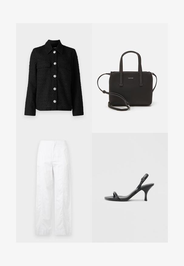 Melnas teksturētas jakas ar apkakli, divām priekšējām kabatām un sešiem dekoratīviem sudraba ziedu formas podziņām vidū.; Baltas kokvilnas T-krekls ar īsām piedurknēm, apaļu kakla izgriezumu un brīvu piegriezumu. Gluda tekstūra, bez rakstiem vai akcentiem, minimālistisks dizains.; Baltas, plaša kāju bikses, izgatavotas no viegla auduma, ar gludu tekstūru, tīrām līnijām un augstu jostasvietu.; Melnas ādas augstpapēžu sandales ar plānu, izliekta formas papēdi un krustenisku siksnu dizainu. Regulējama potītes siksna. Gluda tekstūra.; Melns roku soma ar divām īsām rokturiem un noņemamu plecu siksnu. Gluda ādas līdzīga materiāla ar rāvējslēdzēja aizdari un logos detaļu.