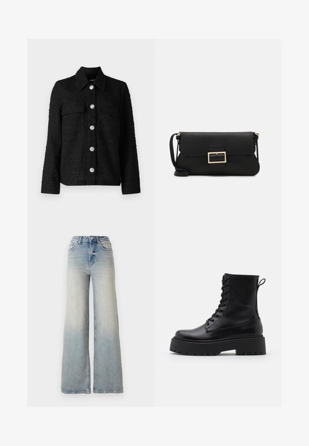 Sort tekstureret jakke med krave, to frontlommer og seks dekorerende sølvknapper formet som blomster ned ad midten.; Sort langærmet top lavet af glat stof, med en rund halsudskæring og sammenbragte detaljer ved skuldrene og manchetterne.; Lyseblå vid jeans lavet af denim, med høj talje, fem lommer og synlige sømme langs sømmene.; Sorte læder ankelstøvler med rund tå, snørebånd foran og en tyk gummisål med struktureret slidbane. Hæfteløkke bagpå.; Sort læder clutchtaske med klap og detaljer i guldmetallisk spænde. Inkluderer en sort rem og et slankt, minimalistisk design.; Guldfarvede hoops øreringe, tynde og runde i formen, med en glat metallisk finish uden udsmykninger eller mønstre.