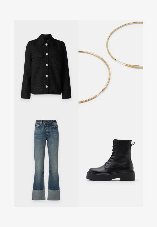 Zwarte textuurjasje met een kraag, twee voorzakken en zes decoratieve zilveren bloemvormige knopen in het midden.; Zwarte lange mouwen top van gladde stof, met een ronde halslijn en geraffineerde details op de schouders en manchetten.; Denim flared jeans in medium blauw met een hoge taille, vijf knopen en een geschuurd zoom. Beschikt over een lichtere boorden aan de onderkant en een vervaagde textuur.; Zwarte leren enkelboots met een ronde neus, vetersluiting aan de voorkant en een dikke rubberen zool met een gestructureerd profiel. Trekbandje aan de achterkant.; Gouden oorringen, dun en rond van vorm, met een gladde metallic afwerking en zonder versieringen of patronen.