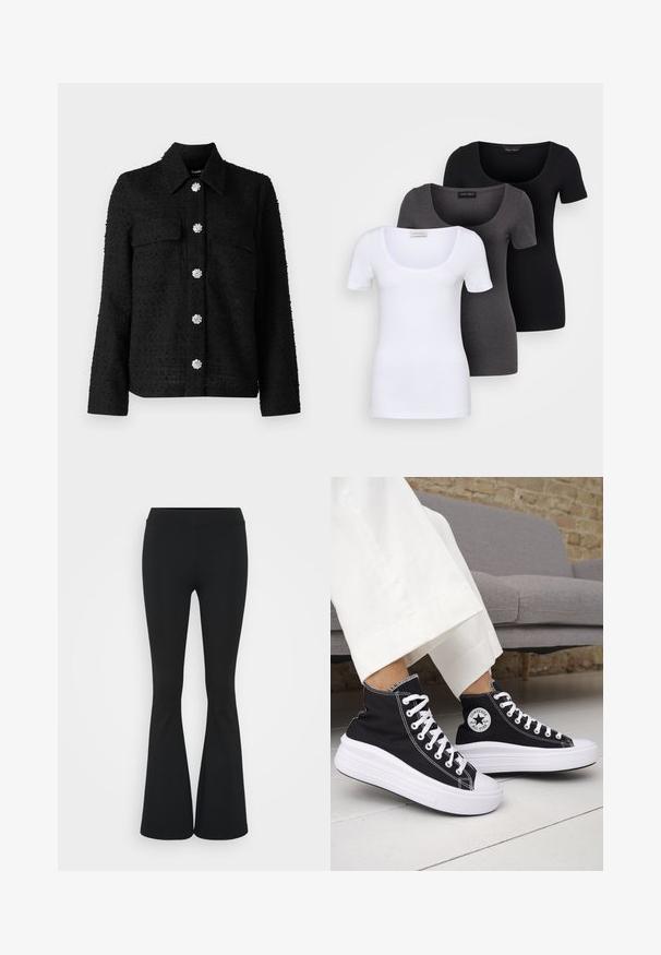 Crna teksturirana jakna s ovratnikom, dva prednja džepa i šest dekorativnih srebrnih dugmadi u obliku cvijeta niz središnji dio.; Tri fitted T-shirtovi u bijeloj, sivoj i crnoj boji. Svaki ima široki izrez na vratu i kratke rukave. Napravljen od glatkoga, rastezljivog materijala.; Crne trapezaste hlače od rastezljivog materijala, sa visokim pojasom i glatkom teksturom. Hlače se šire od koljena.; Crne tenisice visoke košarke s bijelim gumenim potplatom i vezicama. Imaju okruglu logotipsku zakrpu i kontrastni bijeli šav. Materijal od platna.