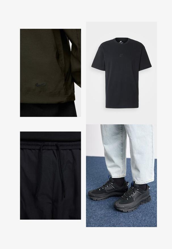 Casaco Nike em tecido verde escuro com uma textura suave; apresenta um logo bordado preto na bainha e detalhes de costura em contraste.; T-shirt de algodão preto da Nike com um clássico decote redondo, mangas curtas e um logótipo em relevo discreto no peito. Textura suave.; Calções pretos com um cós elástico ajustável, fabricados em tecido leve com uma textura suave e um design simples, sem logótipos ou padrões visíveis.; Sapatilhas desportivas pretas com tecido texturizado e solas em borracha, apresentando atacadores elásticos e um detalhe azul no calcanhar. Usadas com calças de ganga claras.