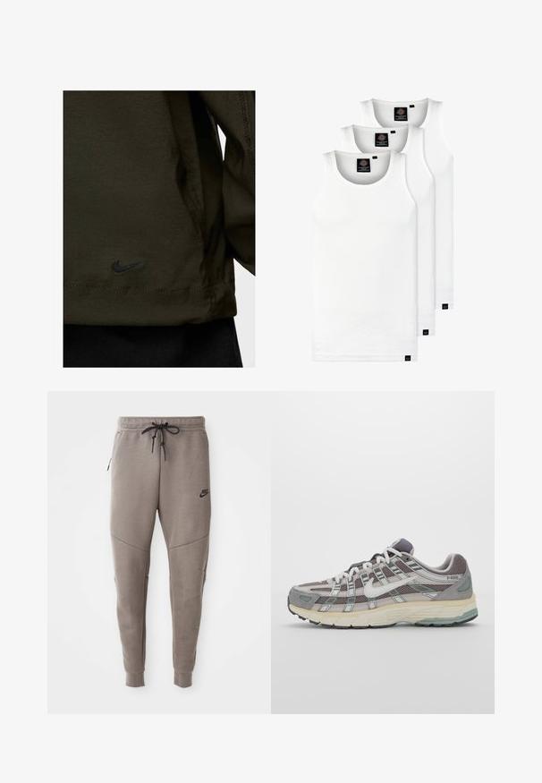 Nike jaka tumši zaļā audumā ar gludu tekstūru; satur melnu izšūtu logo apakšmalā un kontrastējošas šuves detaļas.; Trīs baltas ribotas krūšturi, kas izgatavoti no kokvilnas. Iezīmēti ar apaļu kakla izgriezumu un maziem melniem etiķetēm tuvu apakšmalai. Pieejami vairākos izmēros.; Pelēki Nike sporta bikses ar aukliņu viduklī, sašaurinātiem galiem, sānu kabatām un izteiktām šuvēm. Mīksta, teksturēta auduma.; Pelēkie sporta apavi ar tīkla un zamša augšdaļu, baltiem akcentiem, mīkstinātu zoli un izcilu dizainu ar atstarotājiem.