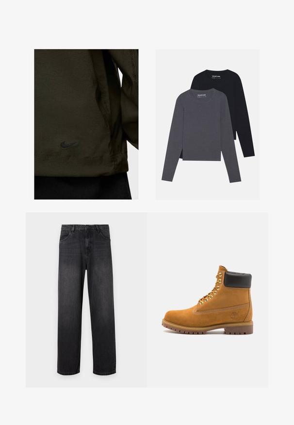 Nike jakna iz temno zelene tkanine z gladko teksturo; vsebuje črn vezen logotip na robu in kontrastne šive.; YOURTURN 2 PACK UNISEX - Majica z dolgimi rokavi - dark grey/black; Temno sivi denim jeans s pravim krojem, ki vključujejo zadrgo, pet žepov in subtilne podrobnosti bledenja na tkanini.; Svetlo rjave anklne čizme iz semiša z črnim oblazinjenim ovratnikom, zlatimi kovinskimi očesci, belimi šivi in robustnim gumijastim podplatom s izrazitimi tredi.
