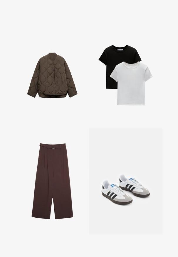Prošívaná hnědá bunda s uvolněným střihem, kulatým výstřihem a bez zipů. Texturovaný povrch s diamantovým vzorem a spadlými rameny.; Dvě trička s kulatým výstřihem v černé a bílé barvě, vyrobená z bavlny. Mají krátké rukávy a jednobarevný design bez vzorů nebo akcentů.; Stradivarius WIDE-LEG WITH BUCKLE DETAIL - Kalhoty - dark brown; Sportovní boty s bílým koženým svrškem, šedou semišovou špičkou a třemi černými pruhy. Obsahují modré logo na jazyku a texturovanou gumovou podrážku.