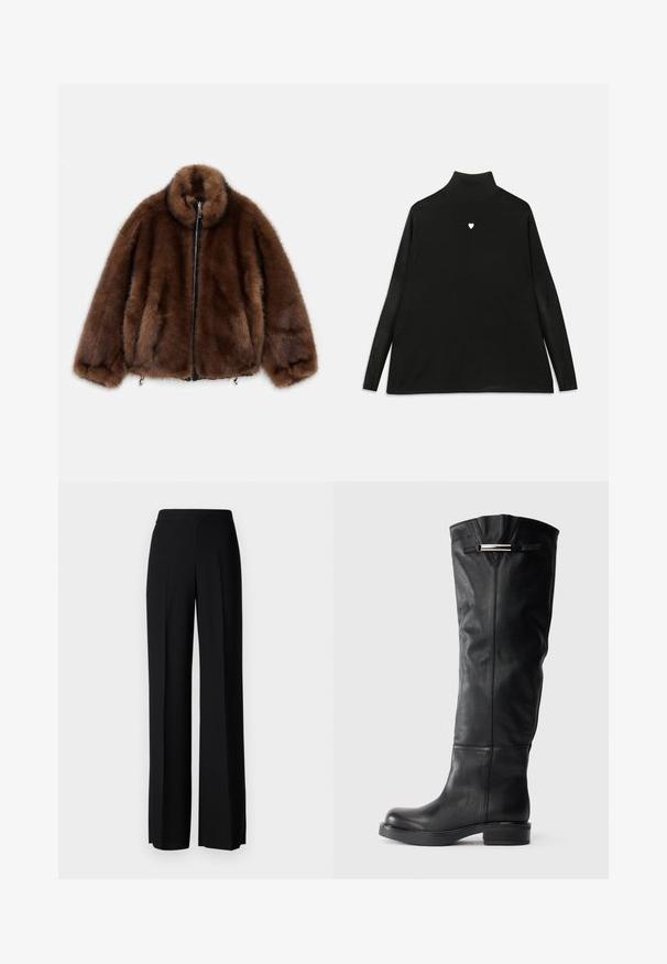 Casaco de pelúcia castanho com gola alta, fecho de correr e punhos elásticos. Apresenta uma textura suave e um design arredondado para um ajuste descontraído.; Pulôver preto de gola alta com mangas longas, apresentando um pequeno emblema de coração branco no peito. Tecido suave e corte descontraído.; Calças largas pretas com uma textura suave, apresentando uma cintura alta e pregas centrais. Sem padrões visíveis ou detalhes em metal.; Botas de couro pretas até ao joelho com uma textura suave, bico redondo e um salto baixo em bloco. Possuem um detalhe prateado na parte superior.