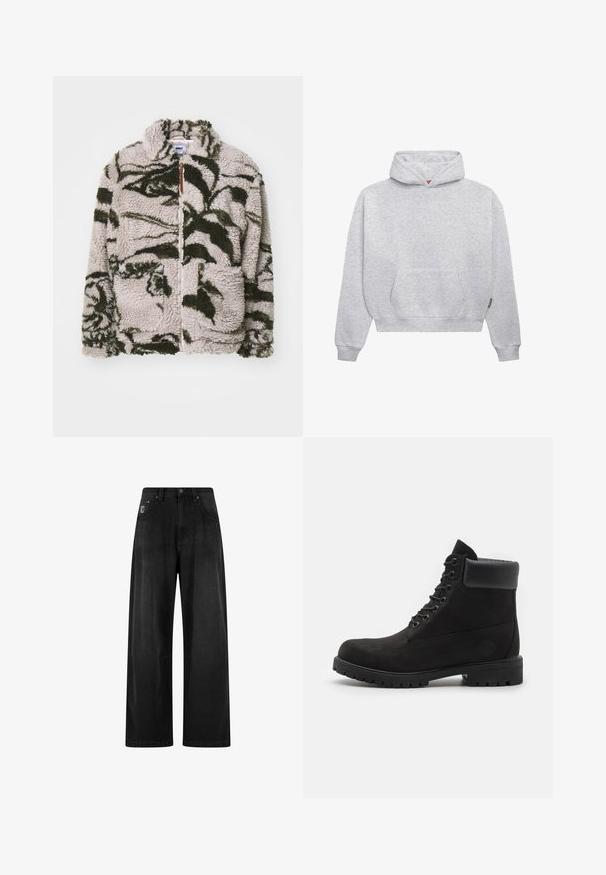 Beige fliisilõikega jakke roheliste lillemusteritega, millel on kaks eesttaskut, kõrge krae ja pehme, tekstuuriga kangas.; PROHIBITED UNISEX  - Kapuutsiga pusa - grey melange; Laia mustriga mustad teksased, millel on kõrge vöökoht, neli taskut ja väike logo silt rinnal. Sile tekstuur ja põhikujundus.; Mustade lacesega pahkluu saapad pehme kraega ja robustse tallaga, kujutatud profiilis valge taustaga.