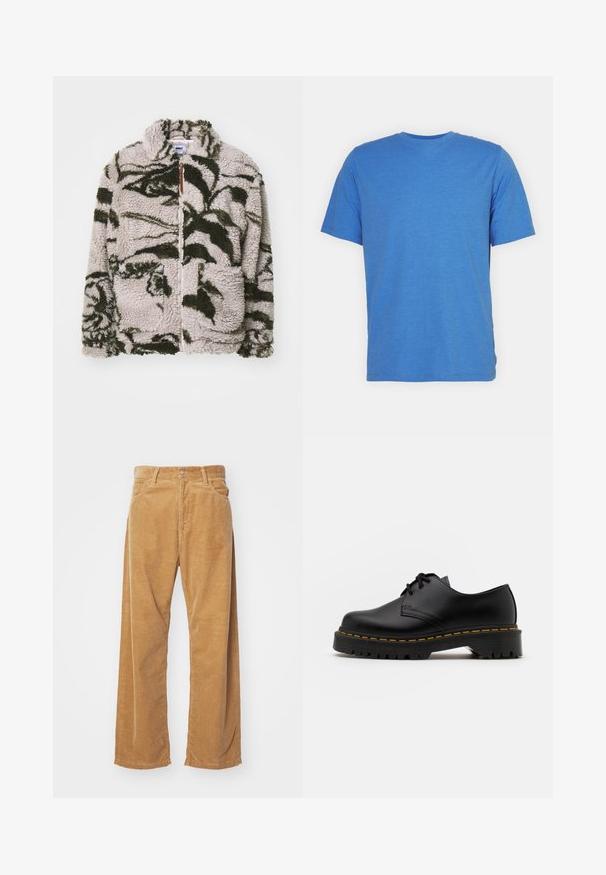 Bež jakna na zip od flisa s zelenim cvjetnim uzorcima, ima dva prednja džepa, visoki ovratnik i mekani, teksturirani materijal.; Majica kratkih rukava s okruglim izrezom u jednobojnoj plavoj boji. Izrađena je od mekanog, prozračnog materijala s glatkom teksturom, bez uzoraka ili ukrasa.; Pamučne široke hlače od kordura u boji tamne bež. Imaju teksturirane, vertikalne pruge, standardni pojas i dva prednja džepa.; Crne kožne cipele sa vezanjem, okruglog vrha, sa teksturiranom gumom potplatom i žutim šavom oko baze. Ravni dizajn i glatka završna obrada.