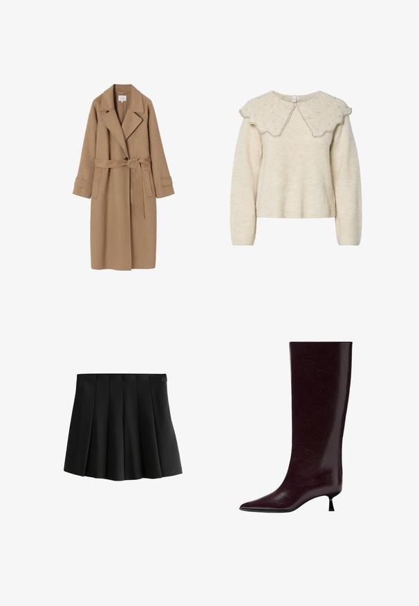 Beige Wollmischung-Trenchcoat mit Reverskragen, Bindegürtel, Seitentaschen und hochgekrempelten Ärmeln. Glatte Textur und minimalistische Designmerkmale.; Cremfarbener Pullover mit gewelltem Kragen und silbernen Perlenakzenten. Hergestellt aus strukturiertem, weichem Stoff. Verfügt über lange Ärmel und eine lockere Passform.; Schwarzer, plissierter Minirock mit einem glatten Bund und strukturierten, umgekehrten Kastenfalten, isoliert auf weißem Hintergrund.; Knöchelhoher burgunderfarbener Lederstiefel mit einer eleganten, strukturierten Oberfläche, spitzem Zehenbereich und einem dünnen, gestapelten Absatz für zusätzliche Höhe.