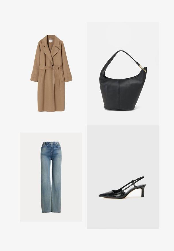 Manteau trench en mélange de laine beige avec un col cranté, une ceinture à nouer à la taille, des poches latérales et des manches retroussées. Texture lisse et détails de design minimalistes.; Pull noir en tricot à manches courtes avec un col rond. Présente une texture côtelée et un ourlet droit. Étiquette à l'intérieur du col.; Jeans bleus taille haute, à jambe droite, avec poches avant, passants de ceinture et fermeture à bouton, présentant des détails légèrement délavés.; Escarpin slingback en vernis noir avec un bout pointu, présentant un imprimé serpent texturé, une sangle réglable et un petit talon bloc texturé.; Sac à main en cuir noir avec une forme arrondie, une large bandoulière et une finition texturée. Présente un détail de couture subtil et un accent en métal doré.