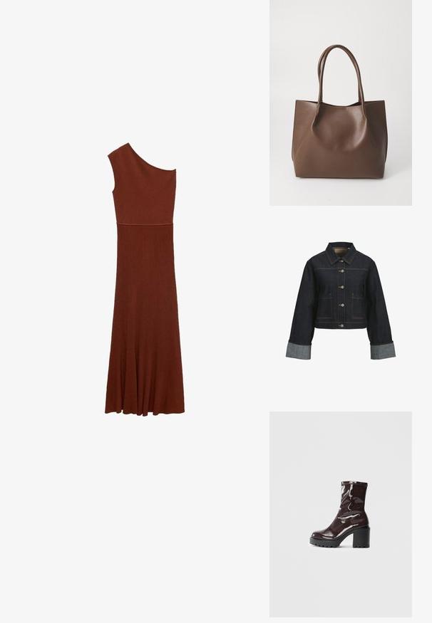 Temno modra jakna iz jeansa s skrajšanim dizajnom, mesingastimi gumbi, žepoma na prsih in kontrastnimi svetlejšimi manšetami. Ima klasičen ovratnik in detajle v šivanju.; Asimetrična rjava obleka z rebrastim vzorcem in enostranskim dizajnom; oprijet zgornji del se razširi v široko krilo. Gladka tekstura po celotni obleki.; Sijajan škrlatank z bleščečim videzom, z masivnim črnim peto, ki se ponaša z gladko teksturo in preprostim dizajnom. Brez vidnih zapenjal ali vzorcev.; Rjava usnjena torba z dvema dolgima ročajema, strukturirane oblike, gladke teksture in minimalisticnega dizajna. Ni vidne strojne opreme ali dodatkov.