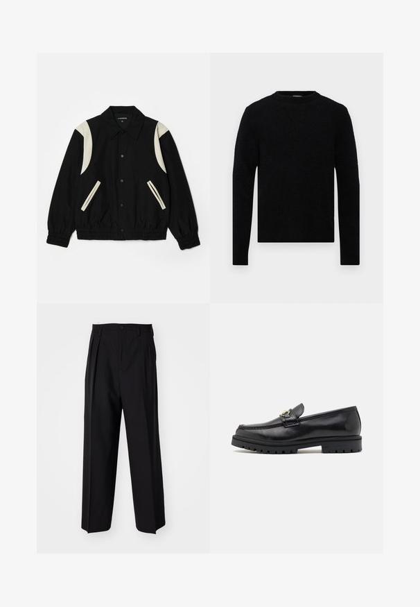 Melna jaka ar elastīgām aprocēm, kuras iezīmē krēmkrāsas akcenti uz pleciem un kabatām. Ar pogu aizdari, viegls audums, brīvs piegriezums.; Filippa K SWEATER - Džemperis - black; Melnas plisētās bikses ar taisnu, plata kāja dizainu. Izgatavotas no gludas auduma, ar pogu aizdari un jostas cilpiņām.; Melnas ādas loafer kurpes ar gludu virsmu, apaļu purngalu, dekoratīvu siksniņu ar zeltītiem elementiem un cietu melnu zoli.