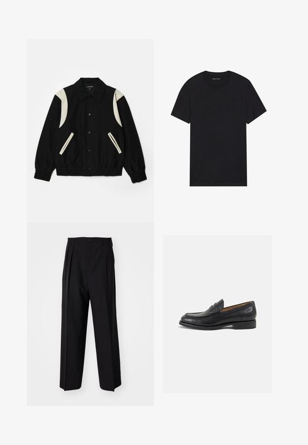 Musternakk, mille varrukatel on elastsed soonikud, ja millel on kreemjad detailid õlgadel ja taskutel. Klõpsuga kinnitamine, kerge kangas, mugav lõige.; Mustalane puuvillane t-särk lühikeste varrukatega ja ümarate kaelustega. Kangas on sileda tekstuuriga ja lihtsa, ühtlase disainiga.; Mustad volditud püksid sirge ja laia säärega disainiga. Valmistatud siledast kangast, millel on nuppudega sulgemine ja vööaasad.; Mustad mustad nahast loafers, sujuva viimistlusega, ümar sirge ja dekoratiivne tikand peal. Madal ja kergelt kuhjatud konts ning kerge läige.