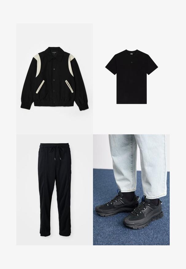Jachetă neagră cu manșete elastice, având accente de culoare crem pe umeri și buzunare. Închidere cu capse, material ușor, croială lejeră.; Tricou din bumbac negru cu mâneci scurte, guler rotund și un mic logo tonal pe piept. Textură netedă și croială clasică.; Pantaloni casual negri cu șnur la talie, cu buzunare laterale și croială dreaptă, pe un fundal simplu.; Pantofi sport negri, cu țesătură texturată și tălpi din cauciuc, având șireturi elastice și un accent albastru pe toc. Purtați cu pantaloni din denim deschis.