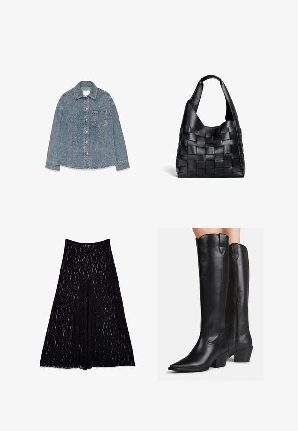 Džínová bunda vo svetlo modrej farbe s textúrovaným povrchom, s rozšíreným golierom, zapínaním na gombíky a vreckom na hrudi.; Čierny, voľný top s výstrihom do V a dlhými rukávmi, vyrobený z mäkkej tkaniny. Jednoduchý dizajn s rovnými okrajmi a bez výrazných vzorov alebo zdobení.; Čierna čipkovaná sukňa s rozšírenou siluetou, obsahujúca štruktúrovaný vzor a hladký pás, po kolená s podšívkou.; Čierne kožené čižmy do výšky kolien s špicatou špičkou, blokovým podpätkom a dekoratívnym prešívaním. Bočný zips a poutko na vrchu pre jednoduché obúvanie.; Čierna kožená tkaná taška s voľným tvarom a širokým ramenným popruhom. Disponuje textúrovaným, prepleteným dizajnom s hladkým povrchom.