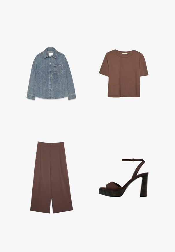 Džínová bunda vo svetlo modrej farbe s textúrovaným povrchom, s rozšíreným golierom, zapínaním na gombíky a vreckom na hrudi.; Hnedé tričko s krátkym rukávom vyrobené z jemného materiálu, s okrúhlym výstrihom a voľným strihom. Žiadne viditeľné vzory ani akcenty.; Hnedé nohavice so širokými nohavicami a hladkou textúrou, s vysokým pásom a prednými skladmi. Tkanina je ľahká a voľne sa pohybuje.; Hnedé semišové sandále na vysokom podpätku s otvorenou špičkou, nastaviteľným členkovým remienkom a pruhovanou platformovou podrážkou.