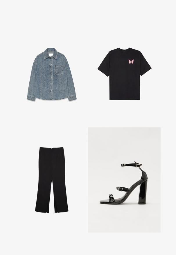 Denim jakna v svetlo modri barvi z teksturiranim finišem, z razširjenim ovratnikom, gumbom za zapiranje in žepom na prsih.; Črna bombažna majica s kratkimi rokavi, ki ima majhen roza metuljček na levi strani prsnega dela. Majica s krožnim ovratnikom in sproščenim krojem.; Črne hlače ravnega kroja z naglavnimi žepi in stranskimi razporki na robu. Narejene iz mehke, gladke tkanine. Primerne za različne priložnosti.; Črne lakirane sandale s peto, kvadratnim prstom, trakovi okrog gležnja in srebrnimi zaponkami. Opremljene so s stabilno Debelo peto.