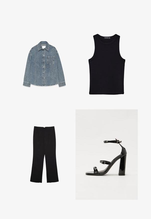 Džínová bunda vo svetlo modrej farbe s textúrovaným povrchom, s rozšíreným golierom, zapínaním na gombíky a vreckom na hrudi.; Čierny tank top vyrobený z bavlny, s okrúhlym výstrihom a širokými ramienkami. Hladká textúra so zošitými okrajmi. Klasický, minimalistický dizajn.; Čierne nohavice so strihom rovného strihu, s prednými vreckami a bočnými rozparkami na leme. Vyrobené z mäkkej, hladkej tkaniny. Vhodné na rôzne príležitosti.; Čierne lakované sandále na podpätku so štvorcovou špičkou, navlečenými remienkami okolo členku a striebornými prackami. Disponujú masívnym blokovým podpätkom pre stabilitu.
