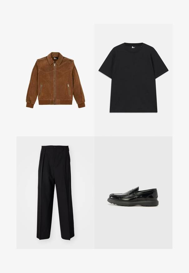 Bruine suède jas met ritssluiting aan de voorkant, twee zijzakken, geribde manchetten en zoom, en schouderepauletten. Gladde textuur met een relaxte pasvorm.; Zwart kortebril T-shirt van katoen, met een ronde hals en een klein logo detail near de zoom. Gladde textuur, normale pasvorm.; Zwarte geplooide broeken met een rechte, brede pijpontwerp. Gemaakt van soepele stof, met een knoopsluiting en riemlussen.; Zwarte leren instapper met een glanzende afwerking, een ronde neus, subtiele stiksels en een dikke rubberen zool voor duurzaamheid.
