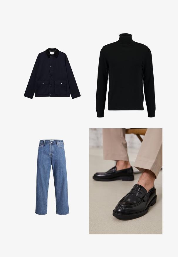 Tengerészkék pamut dzseki kordbársony gallérral, nyomógombos záródással, két elülső zsebbel és texturált felülettel. Lazább fazonú.; Fekete garbó pulóver puha kötött anyagból készült. Hosszú ujjaival, bordázott gallérral és szegéllyel rendelkezik. Egyszerű, letisztult dizájn, minták nélkül.; Világoskék farmernadrág, egyenes szárú dizájnnal, magas derekú és minimális varrási részletekkel. Az anyag puha, enyhén megfestett textúrájú.; Fekete bőr loaferek sima felülettel, díszítő pánttal és kontrasztos varrással, bézs nadrággal párosítva.