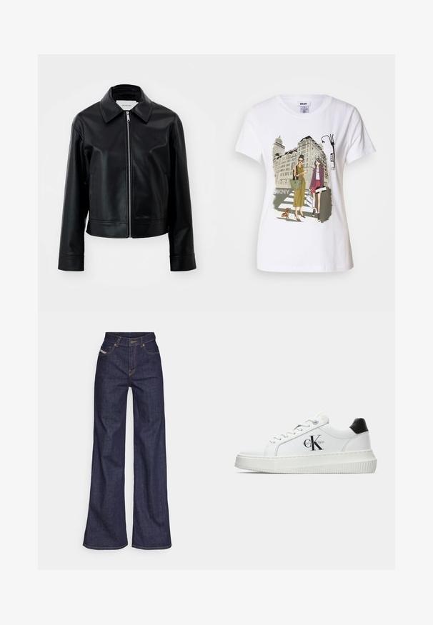 Giacca nera in pelle con collo a revers, chiusura frontale con zip e tasche laterali. Presenta un design cropped e un dettaglio del logo impresso.; T-shirt bianca in cotone con un'illustrazione stampata di due donne in stili di moda urbana con un cane su un attraversamento pedonale e edifici della città.; Jeans a gamba larga di denim blu scuro con vita alta, caratterizzati da cuciture arancioni, design a cinque tasche e chiusura con bottone.; Sneaker bassa bianca con tassello nero sul tallone, suola a piattaforma, lacci e logo "CK" di Calvin Klein sul lato.