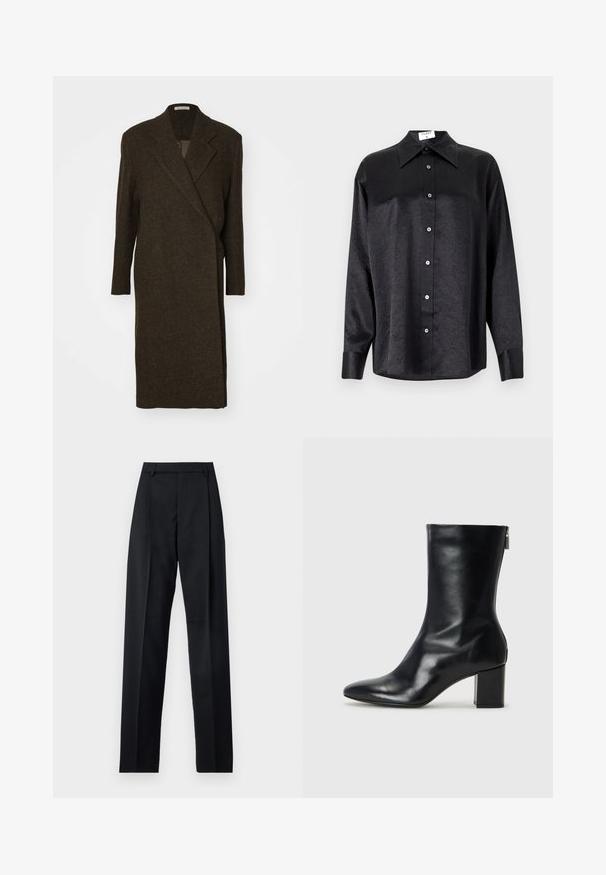 Pruun, pikkade hõlmadega pikk mantel, mis on valmistatud tekstuuriga kangast. Omab nõgusad kraed, kahe rivi nööpe esipaneeli ja pikki varrukaid. Nähtavaid kinnitusi ei ole.; Musta pikemate varrukatega särk, millel on krae ja kortsus tekstuur, täispikk nööpidega eesmine osa ja varrukate mansetid. Valmistatud siledast kangast.; Mustad püksid siledast kangast, millel on kõrge vöökoht, laiad jalad, esimesed kortsud ja klassikalised vööloopid. Küljepockets pole nähtavad.; Must musta ankle boot teravaid varvastega ja 4 cm plokknõela. Suurepärase disainiga, millel on külgrihm lihtsaks läbi panemiseks. Sile tekstuur.