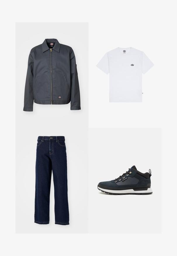 Ciemnoszara kurtka wykonana z wytrzymałego materiału. Posiada kołnierz, zamek z przodu, boczne kieszenie oraz małe logo na dolnej części frontu. Gładka tekstura.; Biała bawełniana koszulka z krótkim rękawem, z małym czarnym logo na klatce piersiowej i metką w lewym dolnym rogu.; Ciemnoniebieskie jeansy o szerokim kroju wykonane z denimu, z prostym krojem, pięcioma kieszeniami oraz wykończonymi szwami wzdłuż dołu.; Granatowe buty trekkingowe z zamszowo-tekstylną cholewką, białą podeszwą środkową, czarną podeszwą zewnętrzną i metalowymi oczkami. Posiadają tylną pętlę do łatwego zakładania.