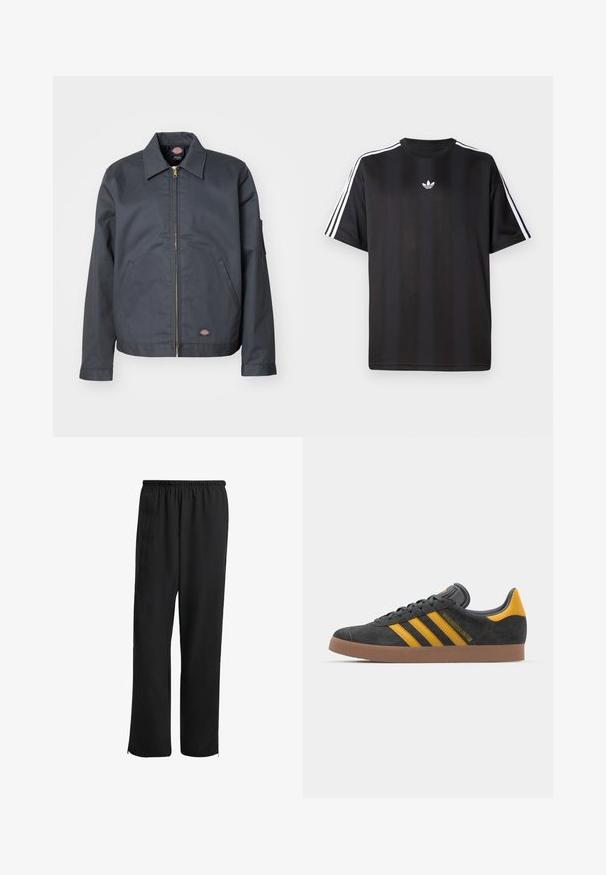Mørkegrå jakke lavet af robust stof. Har en krave, frontlynlås, sidelommer og et lille logo nederst foran. Glat tekstur.; Sort kortærmet t-shirt med hvid tre-stribe detaljer på skuldrene og et lille hvidt logo på brystet. Glat stofstruktur.; Sorte træningsbukser med elastisk talje, lige ben, sidelommer og lynlåse ved anklerne, lavet af et glat, letvægtigt stof.; Sort suedet sneaker med gule accenter, der har tre striber og en brun gummisål. Inkluderer en polstret tunge for komfort.