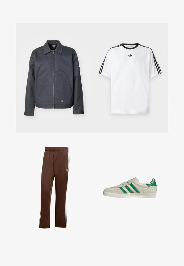 Dunkelgraue Jacke aus robustem Stoff. Sie verfügt über einen Kragen, einen Frontreißverschluss, Seitentaschen und ein kleines Logo an der unteren Frontseite. Glatte Textur.; Weißes T-Shirt aus Baumwolle mit einem schwarzen, runden Halsausschnitt und drei schwarzen Streifen auf jeder Schulter. Kleines schwarzes Logo auf der Brust.; Braune Sporthose aus glattem Stoff, mit weißen Seitenstreifen und einem elastischen Bund. Mit Taschen auf beiden Seiten.; Beige Sneaker mit grünen Streifen, ausgestattet mit einer weißen Sohle und einem Obermaterial aus glattem Leder. Seitenansicht, die die Schnürdetails und das Logo hervorhebt.